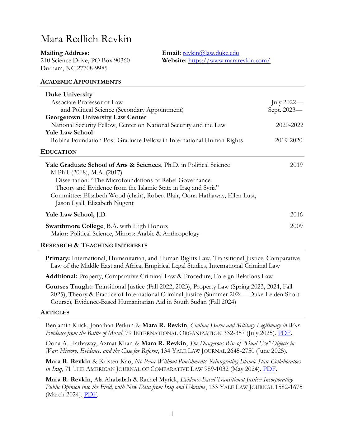 First page of Mara Revkin's C.V.