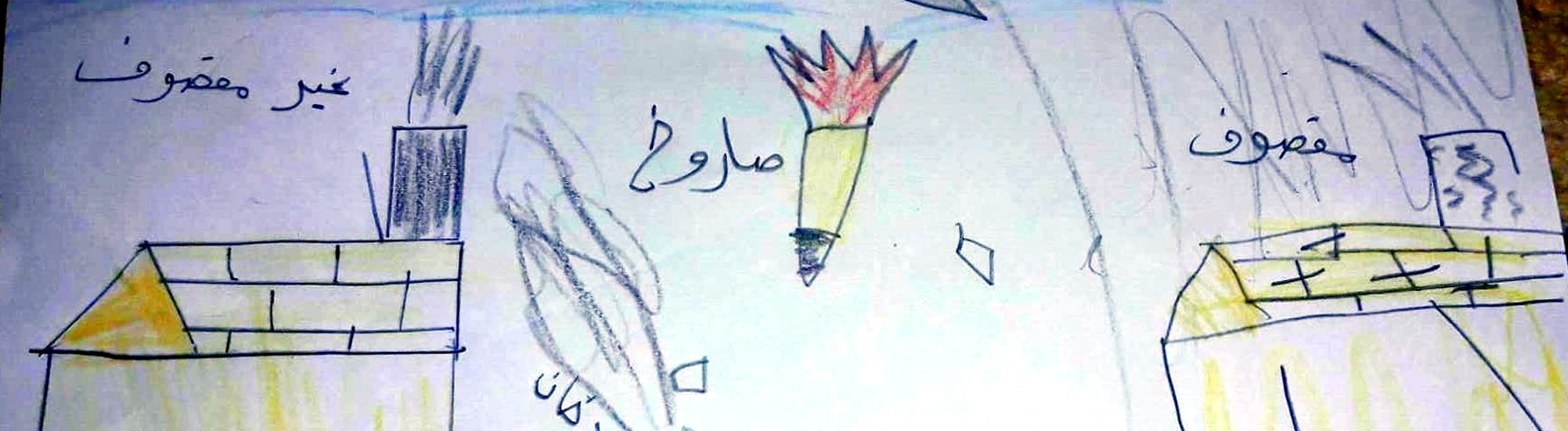 A child's drawing labelling one house bombed and the other not bombed, near Mosul, Iraq