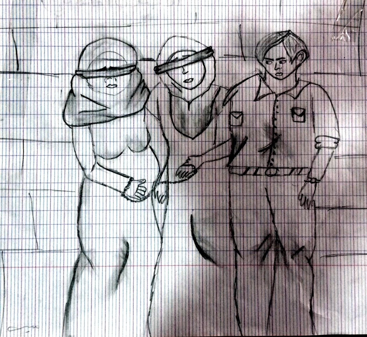 A drawing of two blindfolded and bound women led by a man in uniform