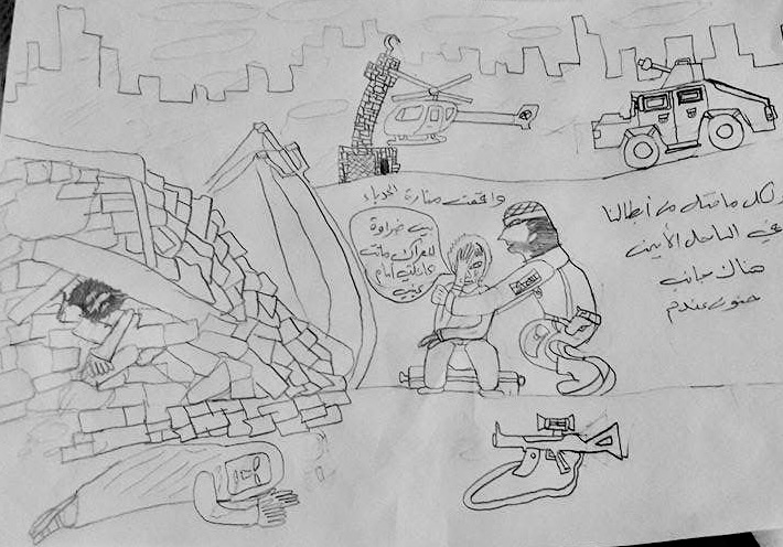 A child's drawing of the battle for Mosul, Iraq